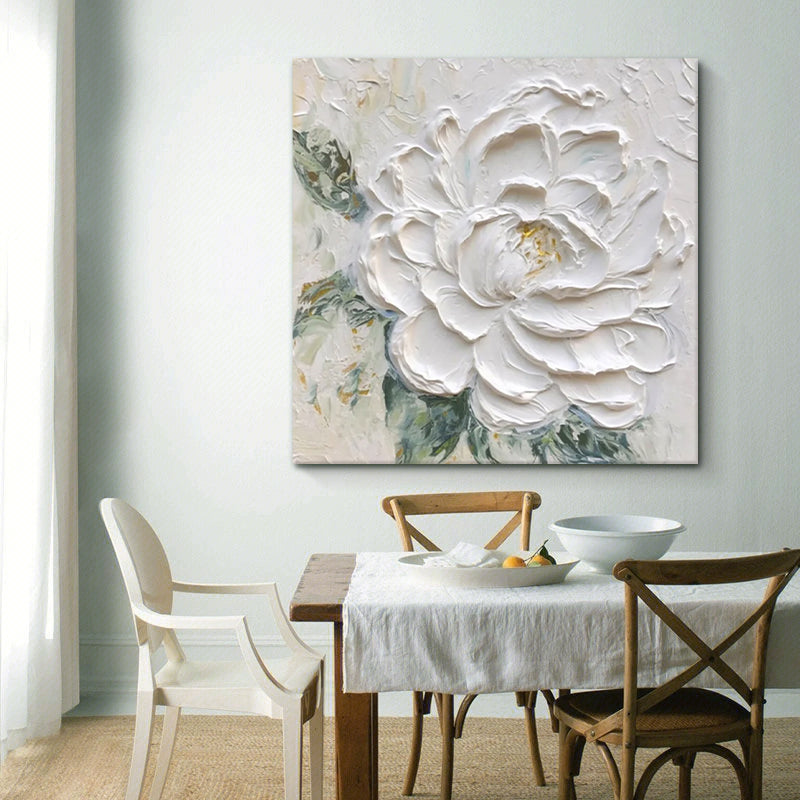 Hand-Painted White Peony Thick Texture Oil Painting