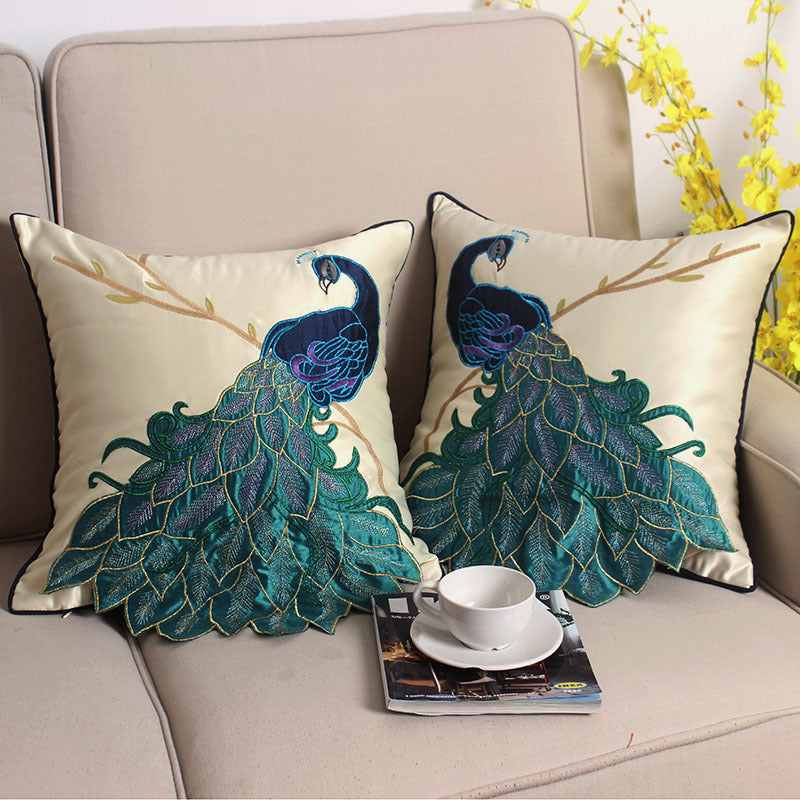 Peacock Embroidered Decorative Throw Pillowcase