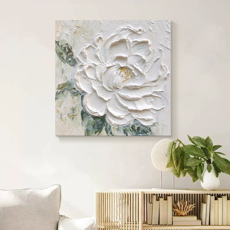 Hand-Painted White Peony Thick Texture Oil Painting