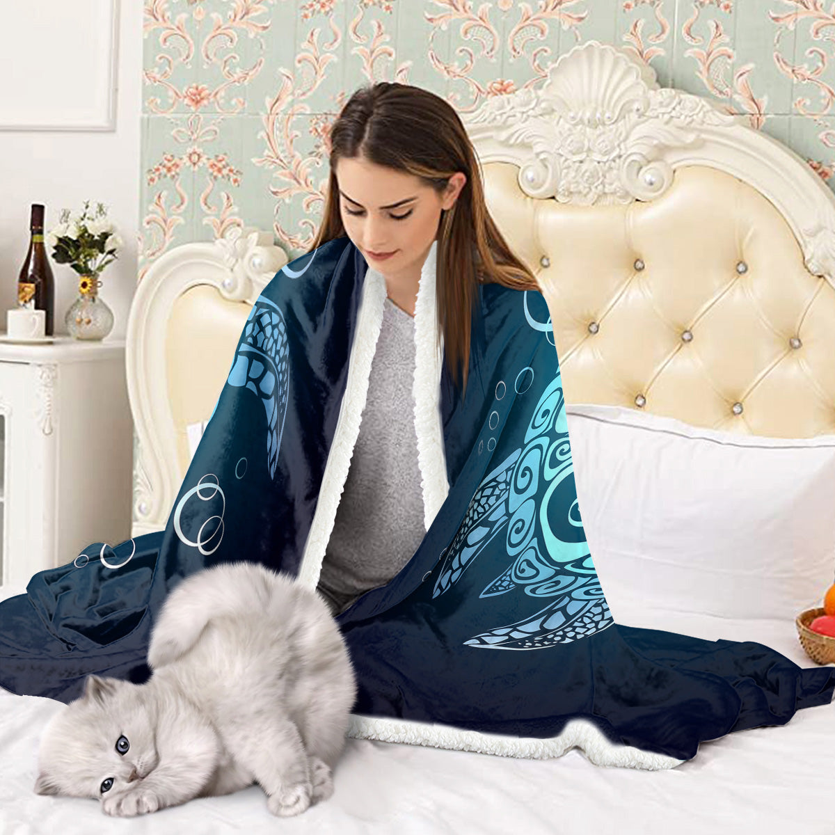 Ocean-Themed Sea Turtle Sherpa Fleece Throw Blanket