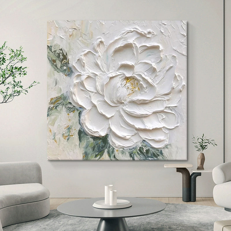 Hand-Painted White Peony Thick Texture Oil Painting